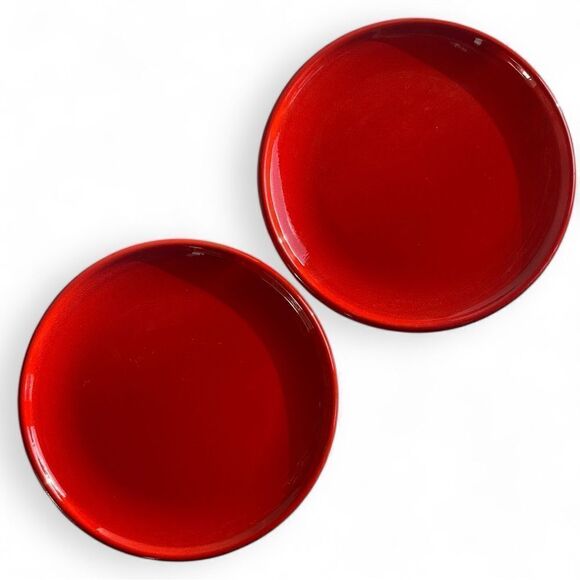 Vintage Bright Red Speckled Glaze 10” Stoneware Couple Dinner Plates - Picture 1 of 16